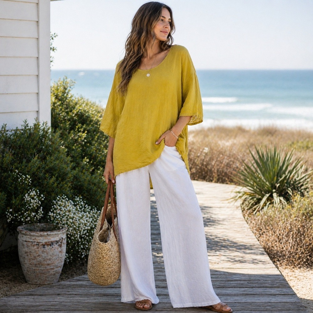 Match Point USA Linen Tunic Top Mustard Oversized Relaxed Coastal Women's Small